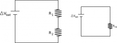 Circuit with two resistors, $R_1$ and $R_2$, and its equivalent circuit with $R_{e}$  