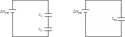 Circuit with Capacitors, $C_1$ and $C_2$, and the equivalent circuit with $C_e$