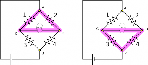 Circuit with Wheatstone bridge and highlighted loops